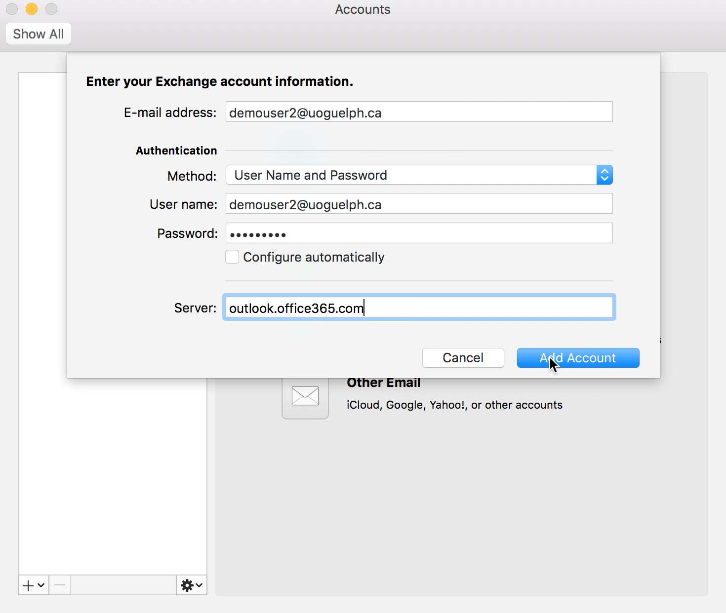 google exchange server settings for mac